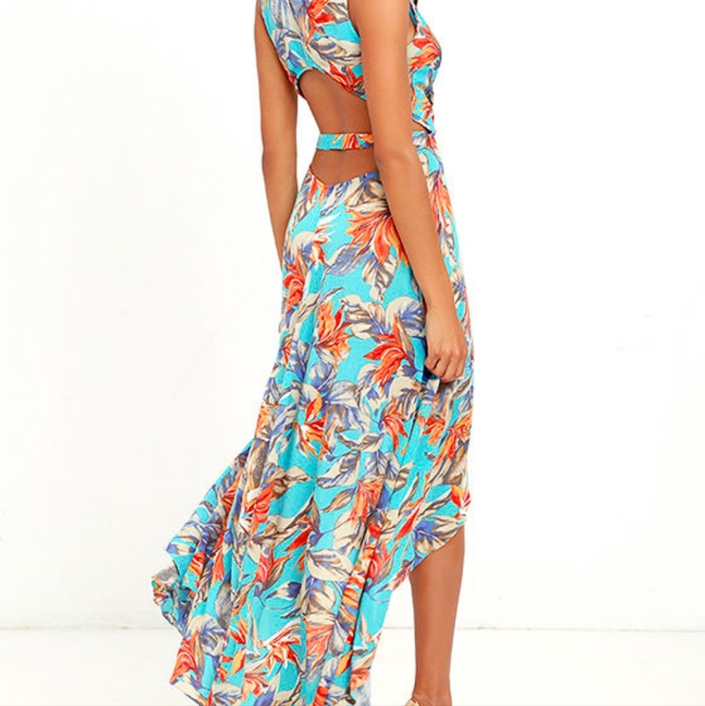 Lulus Something to Believe turquoise floral maxi dress